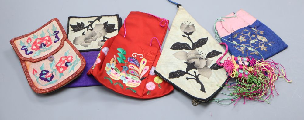 Five various mid 20th century embroidered and applique Chinese purses, pouches and pockets